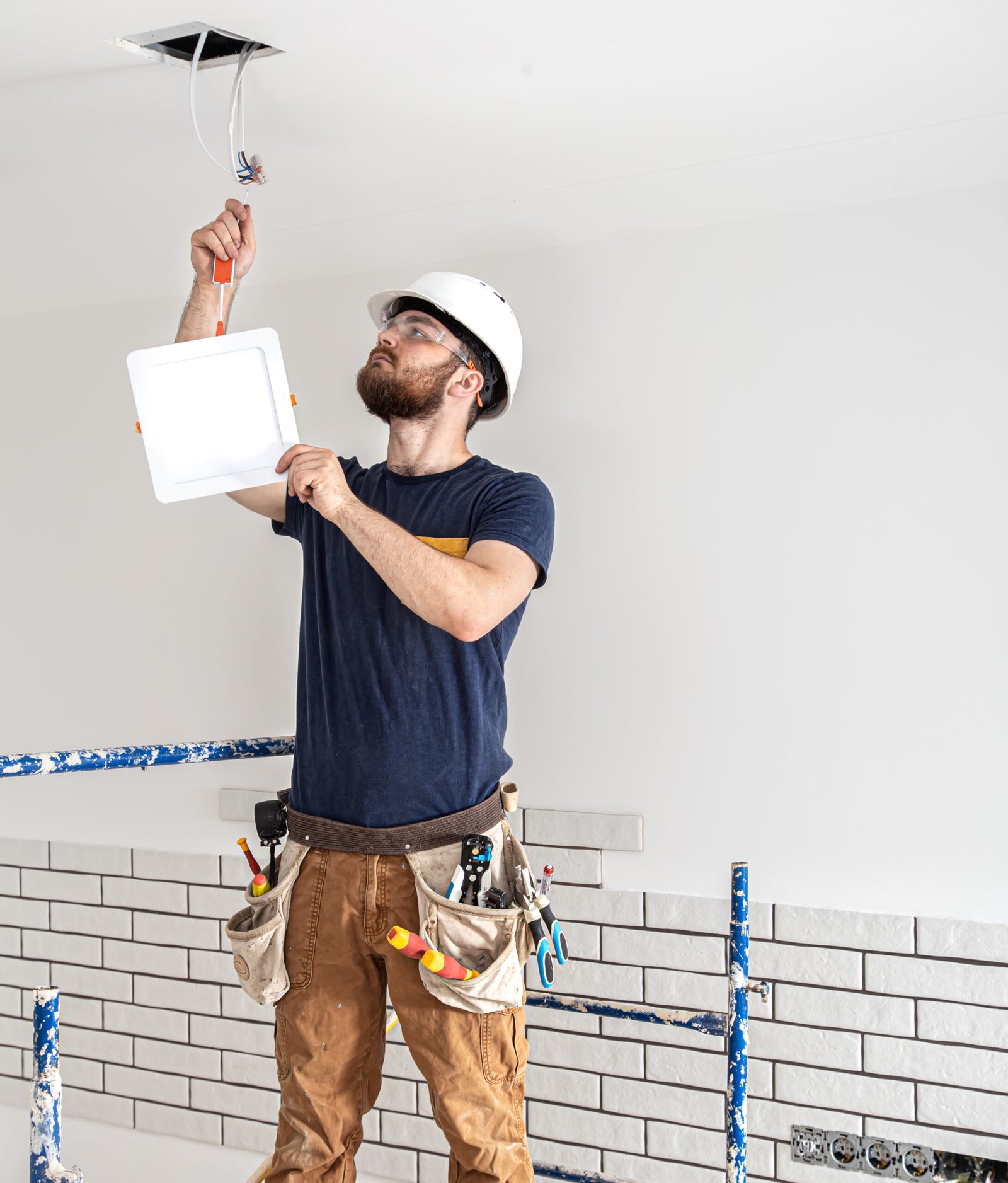 Electrician builder worker in a white helmet, installation of lamps at height copy space. Electrician Builder with beard worker in a white helmet at work, installation of lamps at height. Professional in overalls with a drill on the background of the repair site.